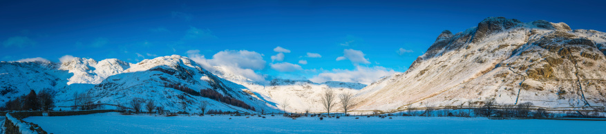 Panoramic view across the snow covered pastures of Mickleden to the iconic domes of the Langdale Pikes and wintery mountain landscape of Esk Hause and Bow Fell, Lake District National Park, Cumbria, UK. ProPhoto RGB profile for maximum color fidelity and gamut.
