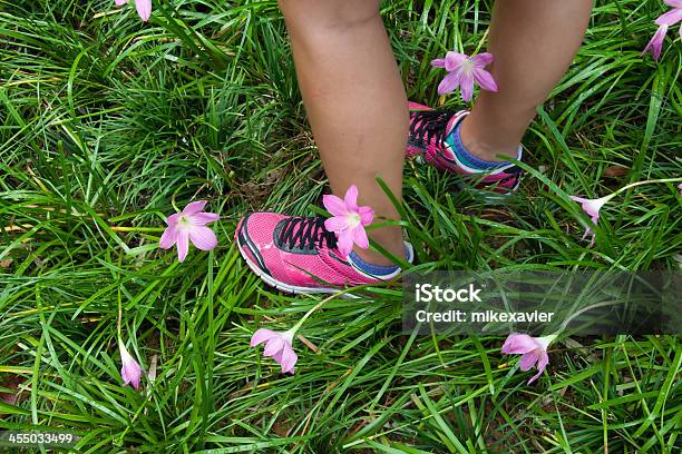 Pink Running Shoes And Flowers In Long Green Grass Stock Photo - Download Image Now - Active Lifestyle, Adult, Adventure