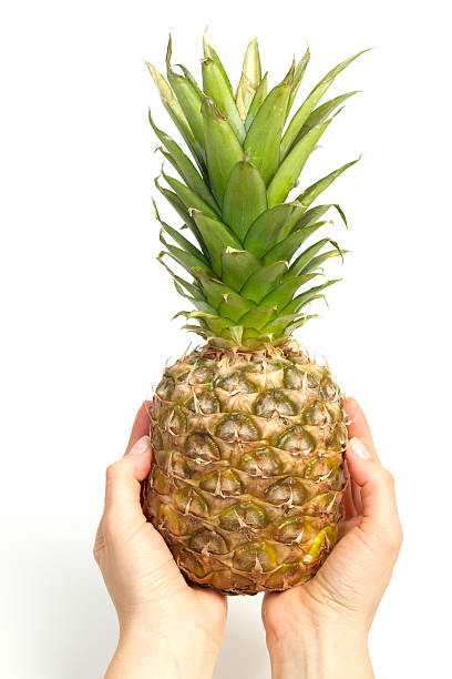istock woman holding pineapple on white 455043791