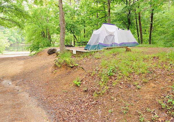 istock Tent in campsite near lake 455053083