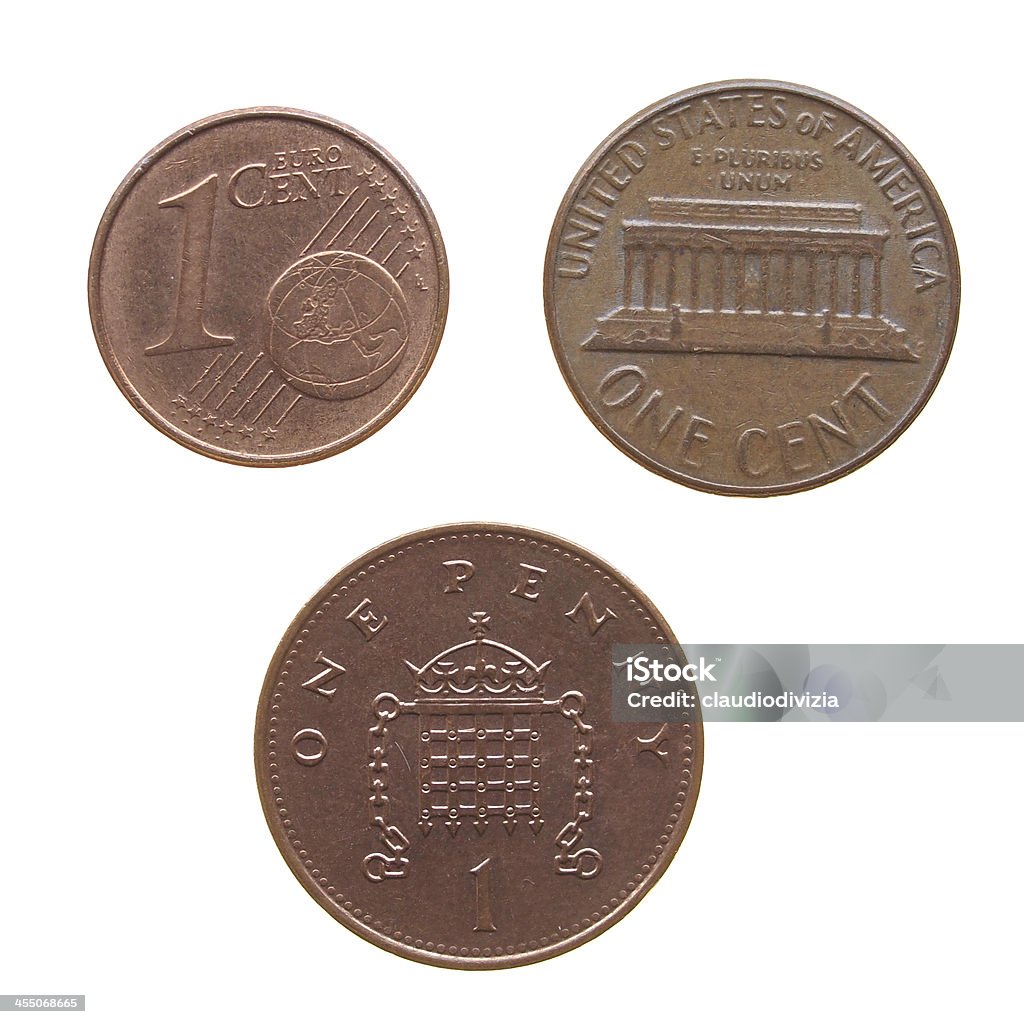 Coin isolated One Euro cent One Dollar cent One Penny coins British Coin Stock Photo