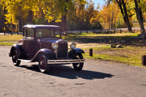 A car enthusiast has parked his Model A Ford in the perfect spot for a retro image with the fall colors of the Cottonwood trees on display in the Riverfront Park of Billings Montana
