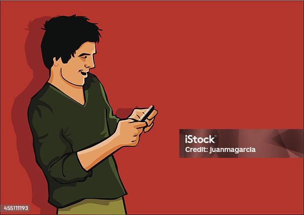 Vetores de Homem Fazer O Download De Aplicativos Com Seu Smartphone E Enviar Mensagens e mais imagens de Adolescente