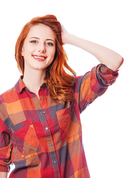 istock Redhead girl in shirt on white background isolated. 455111793