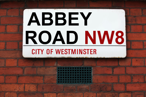 LONDON, Abbey Road sign at recording studios made famous by the 1969 Beatles album