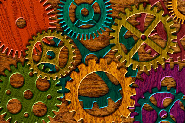 istock Wooden Gears on Wood Grain Texture Background 455164855