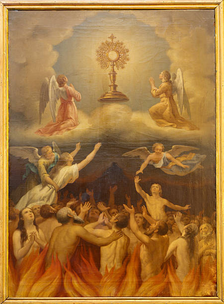 мадрид-eucharist и душу в purgatory - religon stock illustrations