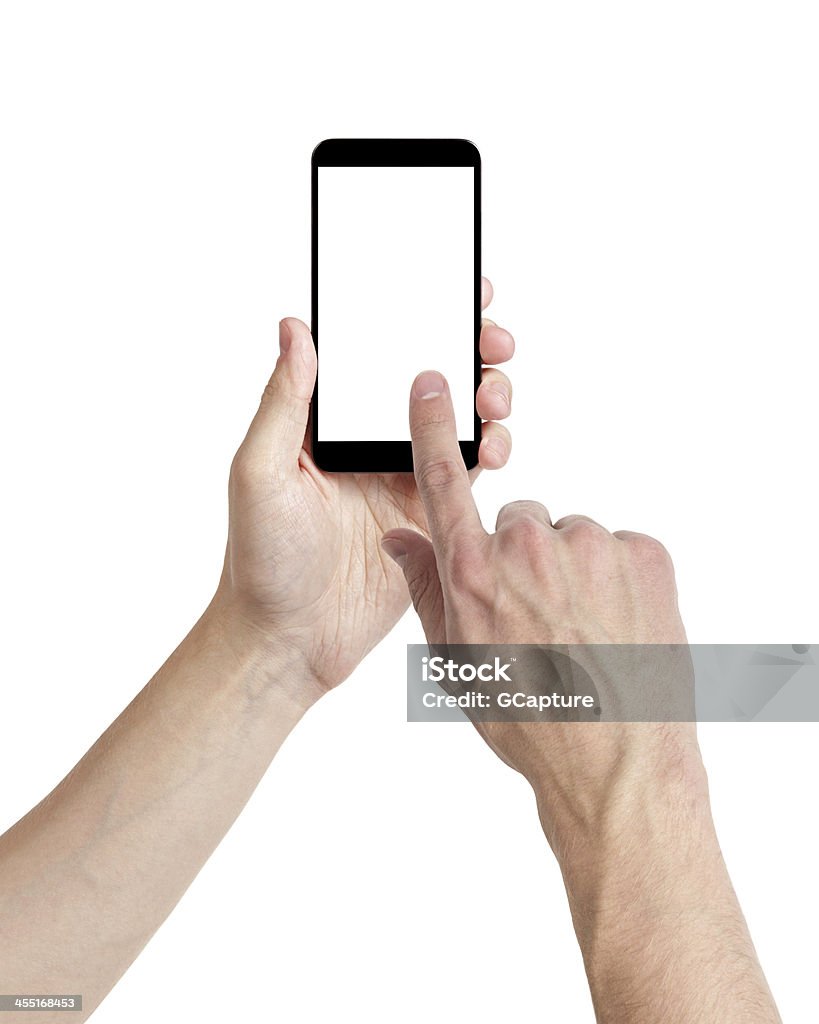 Man holding up smartphone with one finger on screen adult man hands using mobile phone with white screen, isolated Adult Stock Photo