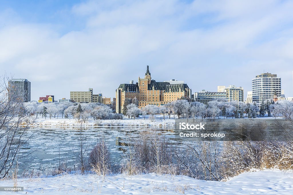 Winter Cityscape A cold but sunny day in Saskatoon, Canada with the hoarfrost on the trees. Saskatchewan Stock Photo
