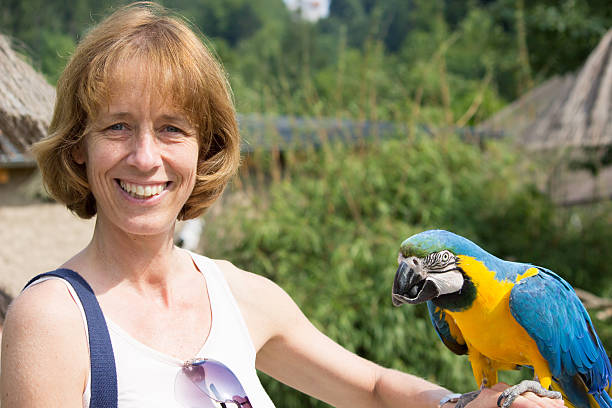 istock Woman with blue and yellow macaw 455182713