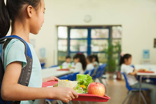 ragazza tiene un vassoio di cibo nella caffetteria della scuola - sandwich healthy eating wrap sandwich food foto e immagini stock