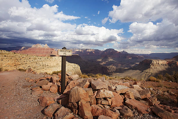 Skeleton Point, Grand Canyon Skeleton Point on the South Kaibab Trail on a Stormy, gorgeous day in the Grand Canyon south kaibab trail stock pictures, royalty-free photos & images