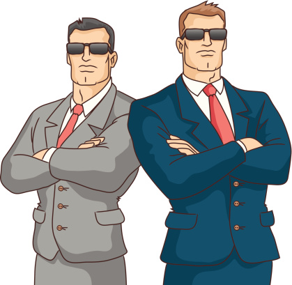 Security service. Two strong men in suits. Vector illustration..
