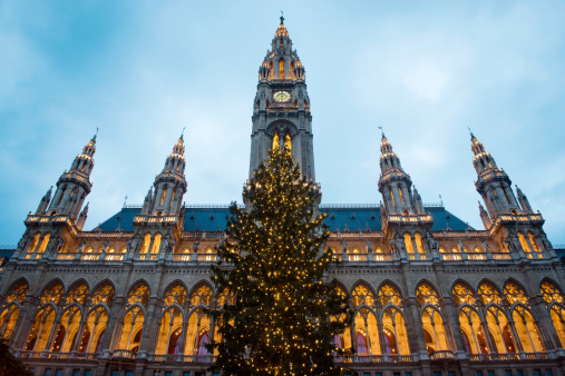 Christmas tree in front of Town Hall (Rathaus) of Vienna, Austria