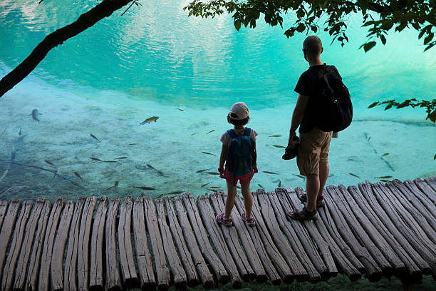 Fish watching in the blue lake stock photo