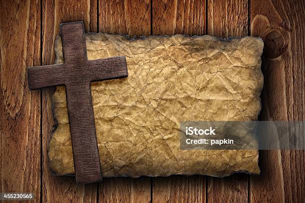 Cross Cut Out Of Wood On The Old Paper Stock Photo - Download Image Now - Abstract, Backgrounds, Blank
