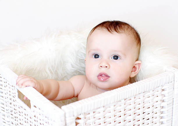 istock baby sits in white basket 455235035