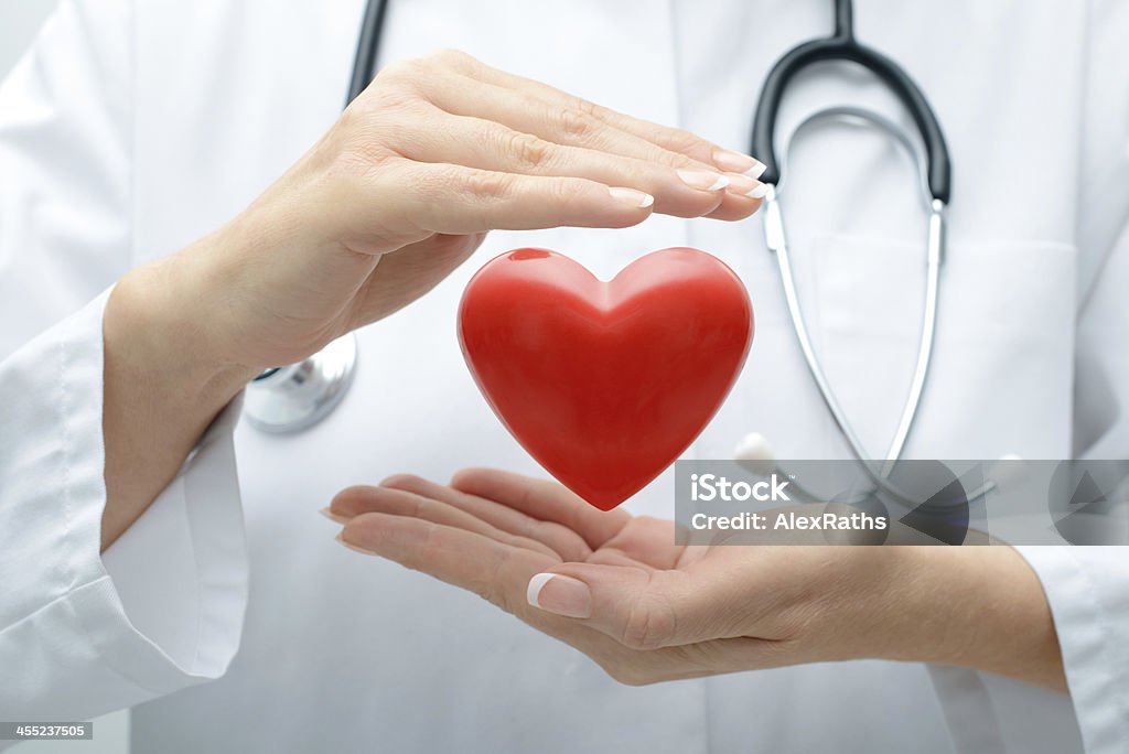 Doctor holding heart Female doctor with the stethoscope holding heart Heart Shape Stock Photo