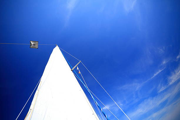 view of different parts of yacht. White sail of a sailing boat over blue clear sky