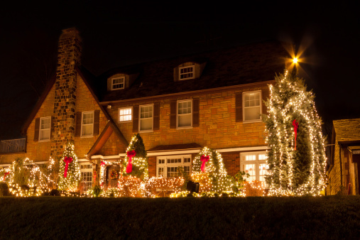 Night view of a Luxury Home with Christmas Lights in Bay Ridge neighbourhood of Brooklyn, New York, USA.  