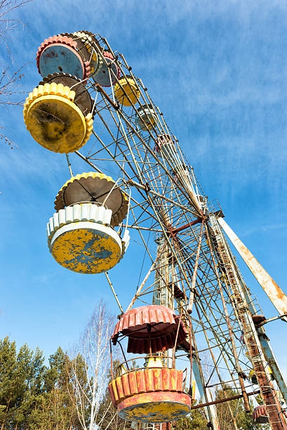 Cabins of abandoned Ferris wheel, Pervouralsk, Urals, Russia stock photo