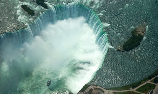 A view taken from a helicopter flying over the Niagara horseshoe falls