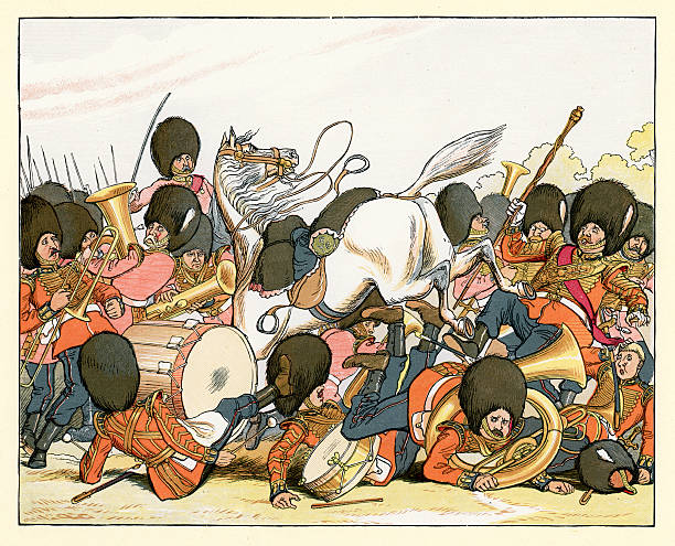 Vintage colour lithograph showing a caricature of a horse running amok through a group of military bandsmen. His Liberty is full of Threats to All. c.1880