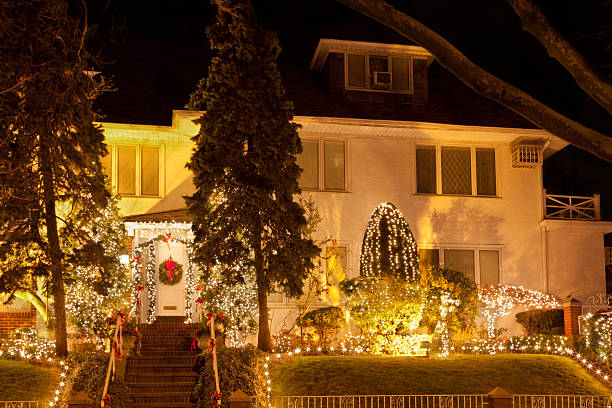 Photo of Luxury Brooklyn House with Christmas Lights at sunset, New York.
