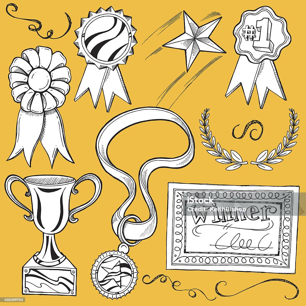 Success Award Doodles - Trophy, Ribbon, Certificate Success Award Doodles. Pen and ink doodles of various awards and ribbons. All grouped for easy edits. Mix and match or make your our design. Check out my "Doodles" light box for more. Award Ribbon stock vector