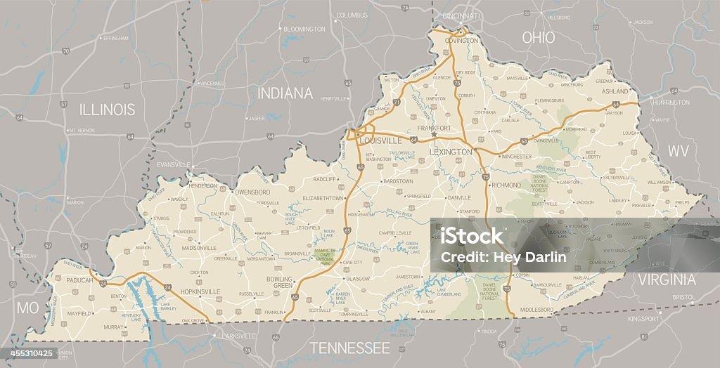 Map of Kentucky with surrounding states A detailed map of Kentucky state with cities, roads, major rivers, and lakes plus National Forests. Includes neighboring states and surrounding water.  Kentucky stock vector