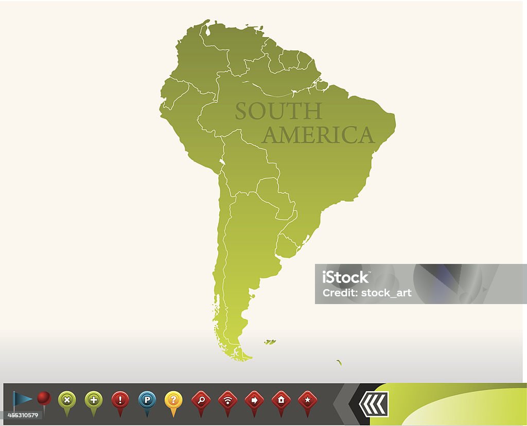 América do Sul mapa com ícones de navegação - Vetor de América do Sul royalty-free