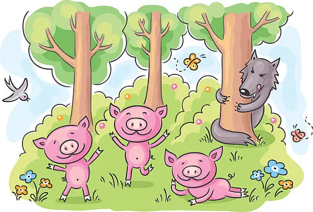 Vector illustration of Three little pigs and the wolf