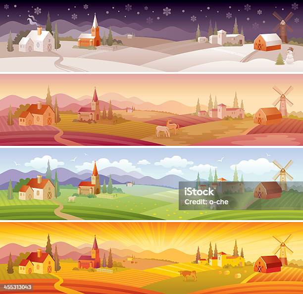 Four Seasons Paysages En Hiver Au Printemps En Été Et En Automne Vecteurs libres de droits et plus d'images vectorielles de Les 4 saisons