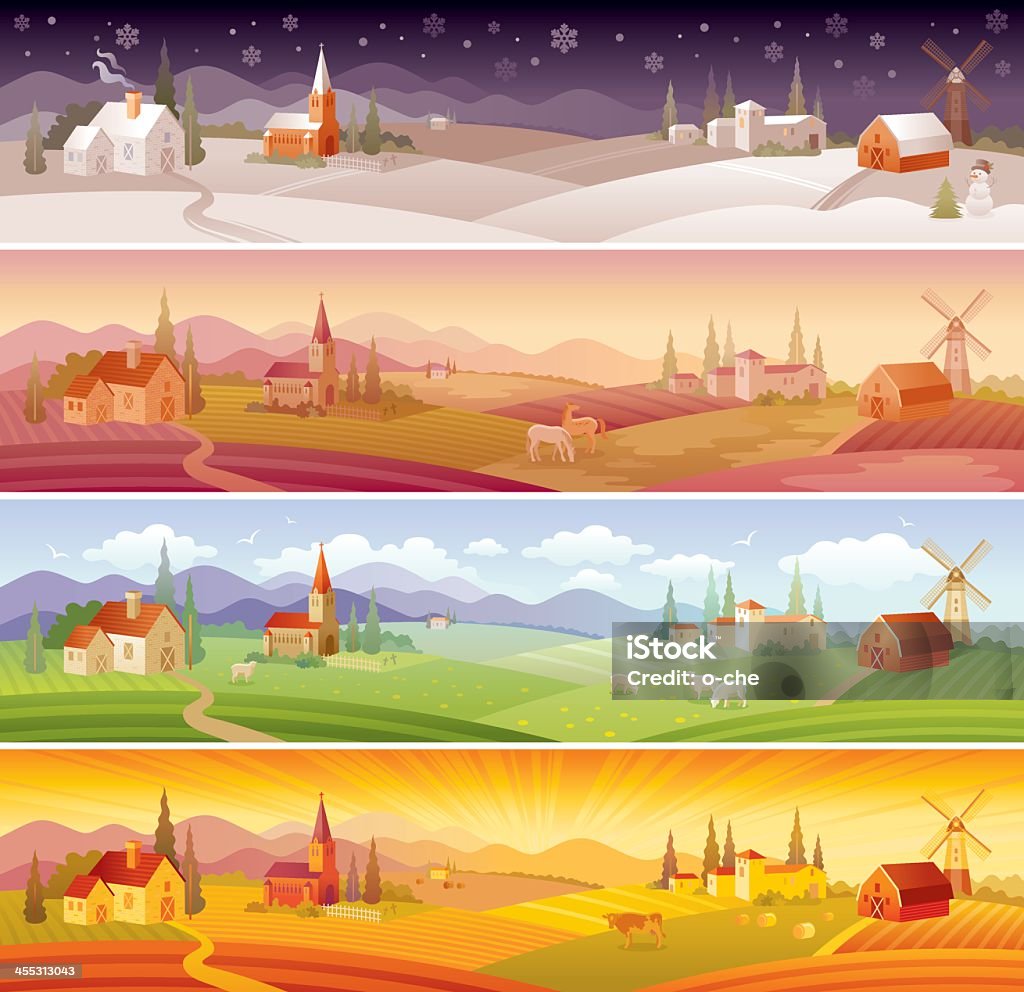 Four seasons landscapes: winter, spring, summer and autumn Four seasons and four times of the day landscapes: winter (night), spring (morning), summer (day) and autumn (evening).  Four Seasons stock vector