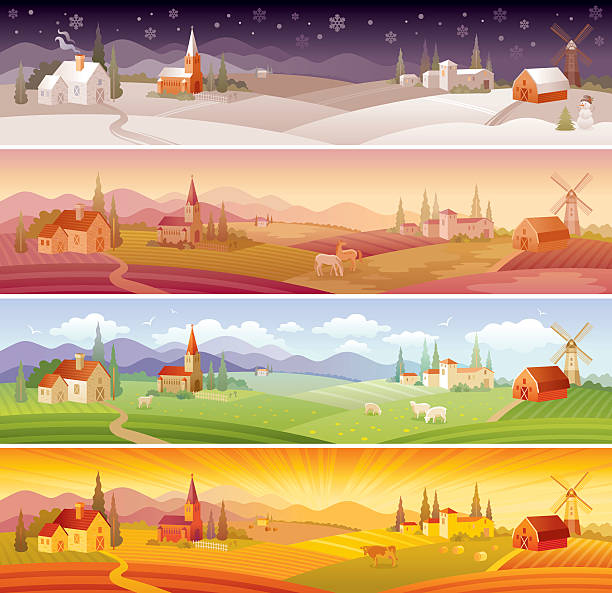 Four seasons landscapes: winter, spring, summer and autumn Four seasons and four times of the day landscapes: winter (night), spring (morning), summer (day) and autumn (evening).  snow sunset winter mountain stock illustrations