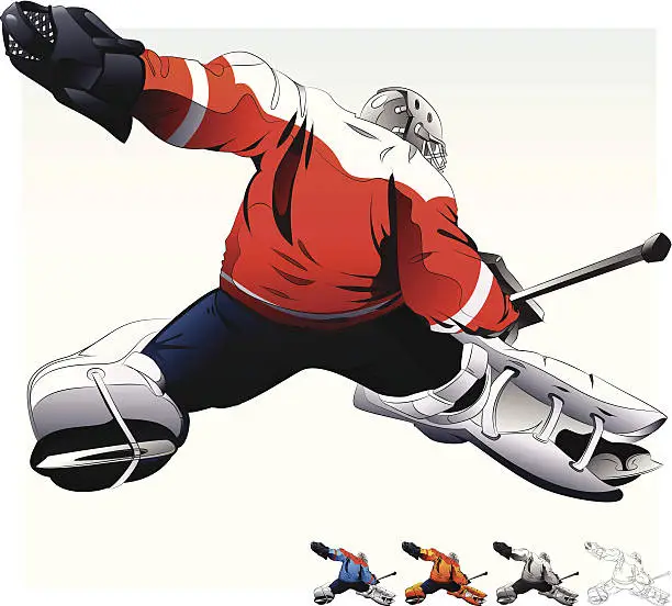 Vector illustration of A hockey goalie with 4 smaller hockey goalies beneath