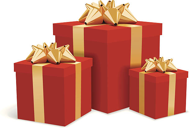 red gift boxes with gold bows illustration - yeni yıl hediyesi stock illustrations