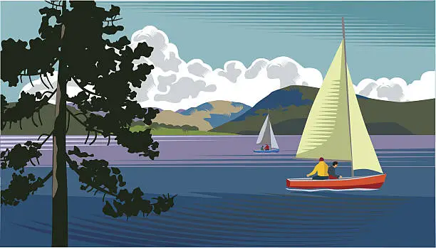Vector illustration of Picture of a sailing boat on a lake