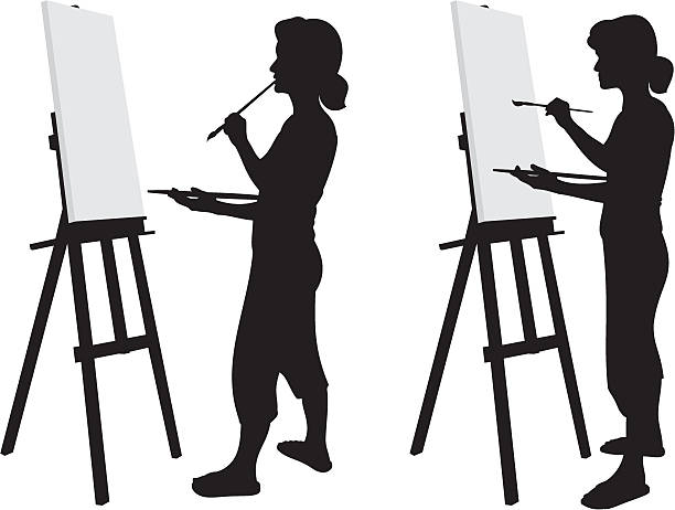 Artist Silhouette Painter working at her easel paint silhouettes stock illustrations