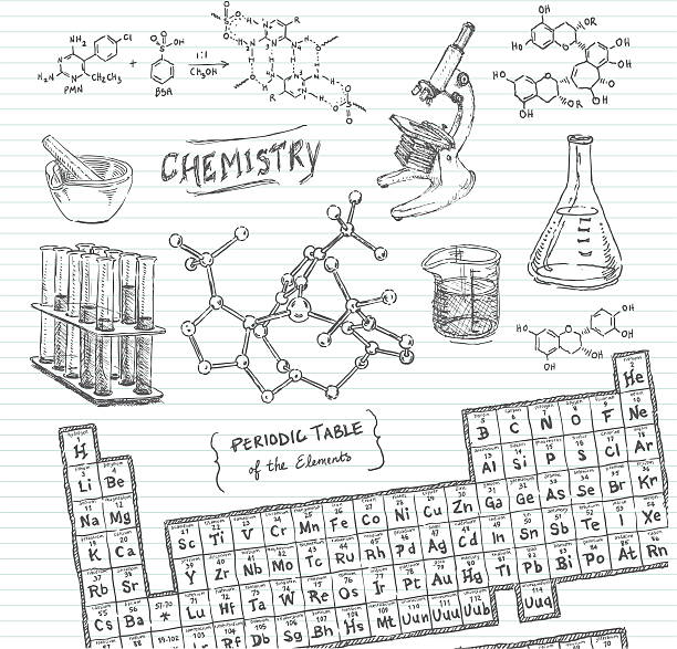 ilustrações, clipart, desenhos animados e ícones de química doodle esboços - aula de química