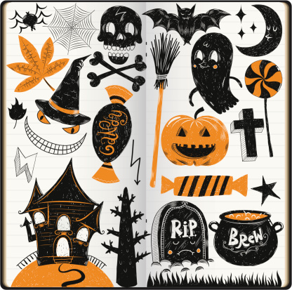 Halloween doodles in sketchbook,