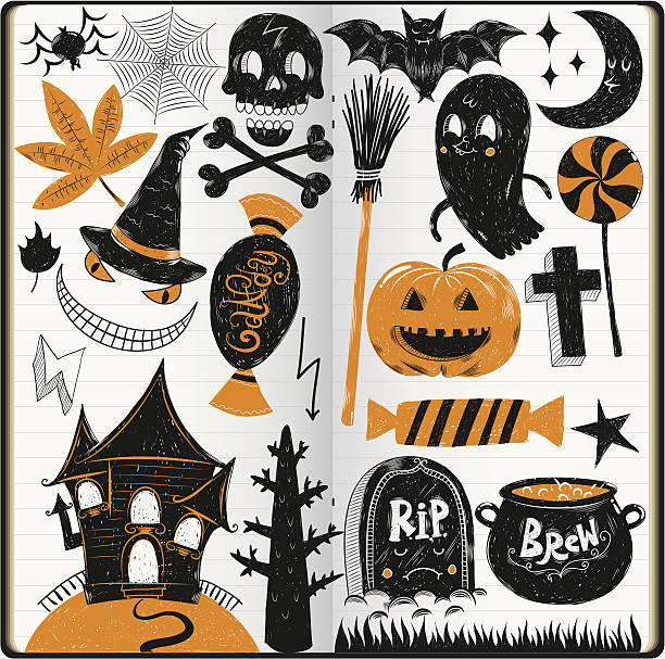Halloween doodles Halloween doodles in sketchbook, evil witch on a broom stick stock illustrations