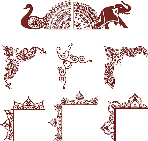 Mehndi Corners A series of corner designs, including paisleys, leaves, a songbird, a swan and an elephant - inspired by the art of mehndi (henna painting). (Includes .jpg) song sparrow stock illustrations