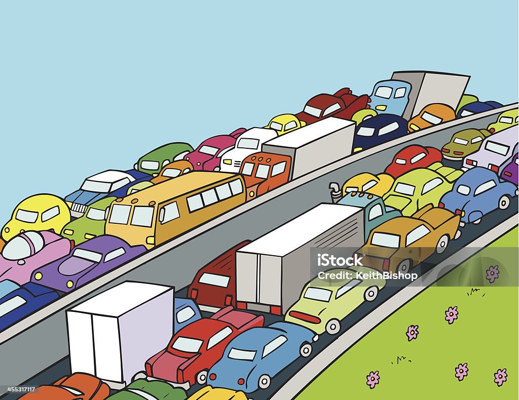 Traffic Jam On Highway With Cars And Trucks Stock Illustration - Download  Image Now - Traffic Jam, Cartoon, Car - iStock