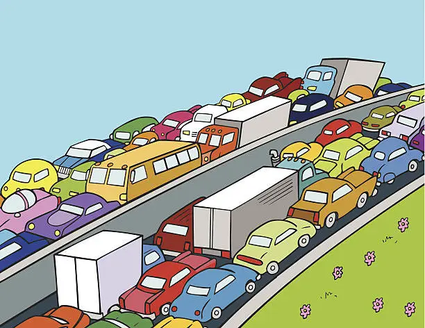 Vector illustration of Traffic Jam on Highway with Cars and Trucks