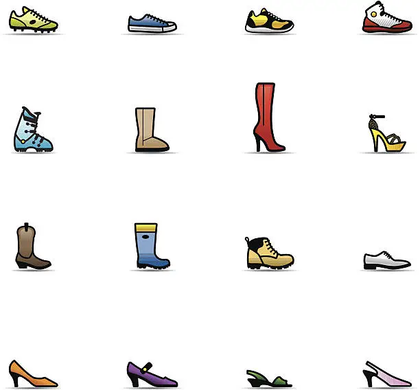 Vector illustration of Sixteen shoe icons in multiple styles and colors