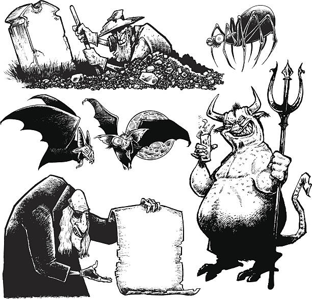 Halloween Bats, Spider, Ghoul, Demon, Gravedigger, Halloween Monsters. Vector illustration of a Halloween Party Demon, Ghoul, Gravedigger, Bats and spider created with pen and ink for that inhuman touch. Scale to any size.  Check out my "Halloween Horror Vector" light box for more. grave digger stock illustrations