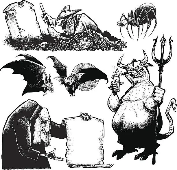 Vector illustration of Halloween Bats, Spider, Ghoul, Demon, Gravedigger,