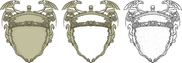 kamień shield z małych wingless dragons i gargoyles - silhouette leaf ornate ancient stock illustrations
