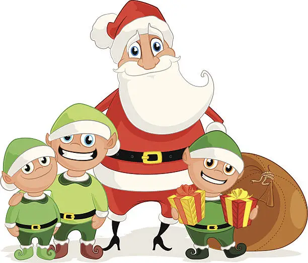 Vector illustration of Santa Claus and his Elves